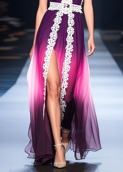 Classy Gradient Purple Side Open Lace Patchwork Chiffon Vestidos Dress Summer