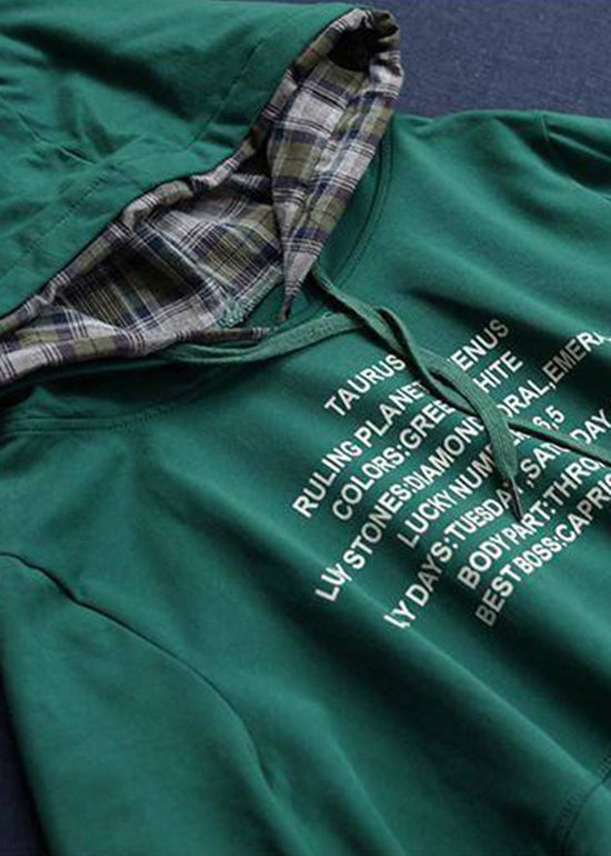 Classy Green Hooded Drawstring Graphic Fake Two Piece Sweatshirts Top Spring