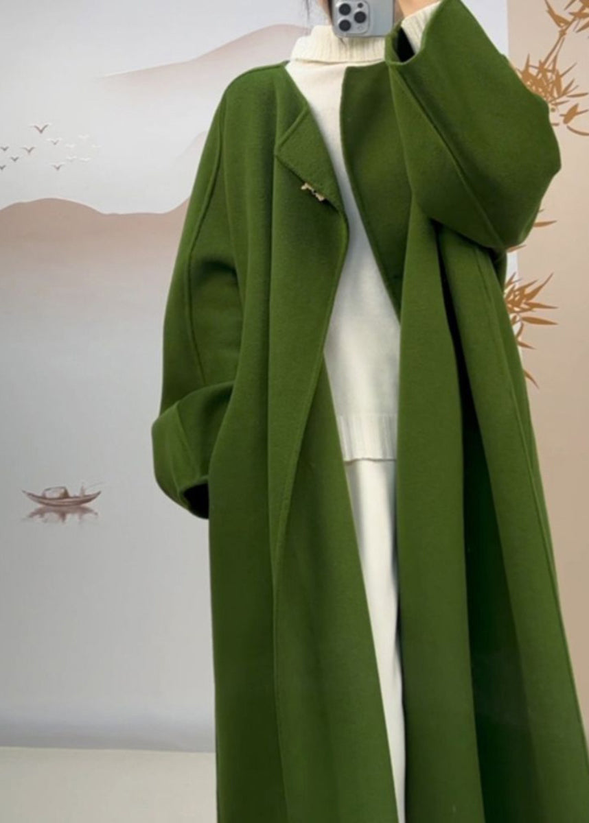 Classy Green O Neck Pockets Woolen Coat Fall