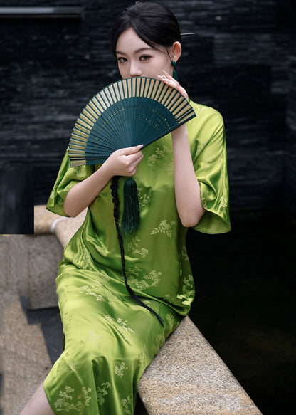 Classy Green O-neck Print Chiffon Long Dresses Short Sleeve