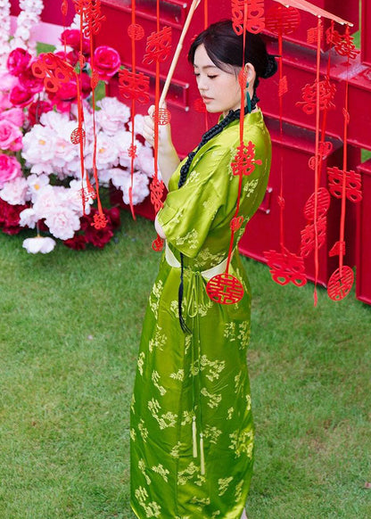 Classy Green O-neck Print Chiffon Long Dresses Short Sleeve