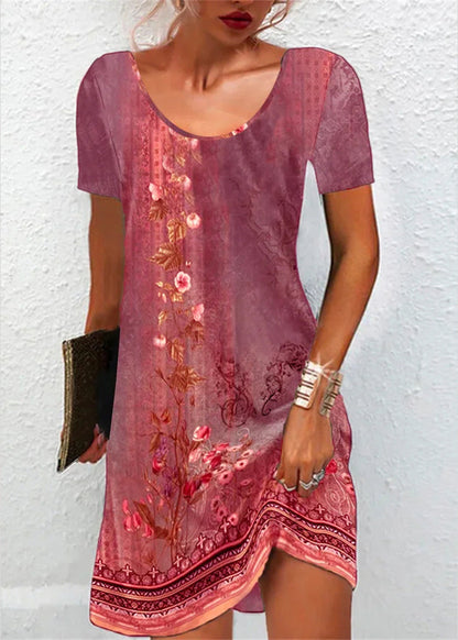 Classy Green O-neck Print Mid Dress Short Sleeve