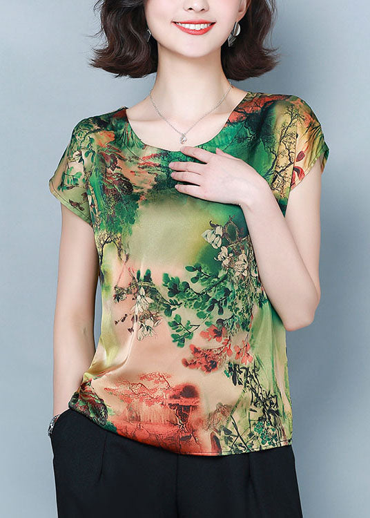 Classy Green O-neck Print Tops and Pants Two Piece Suit Set Summer