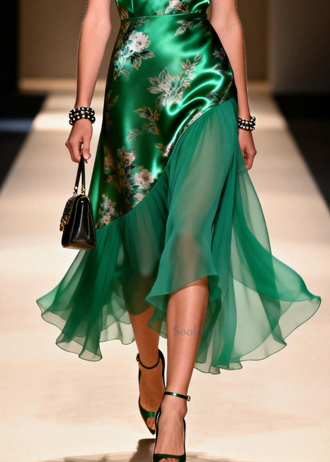 Classy Green Print Patchwork Silk Cami Dress Summer