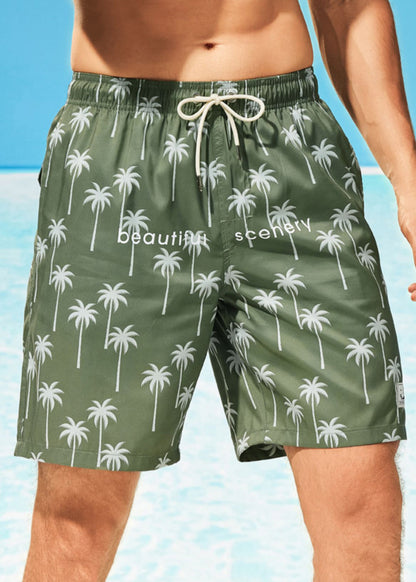 Classy Green Print Pockets Elastic Waist Cotton Shorts Summer
