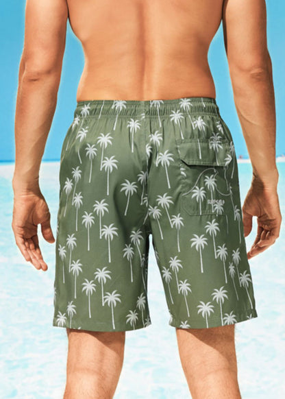 Classy Green Print Pockets Elastic Waist Cotton Shorts Summer