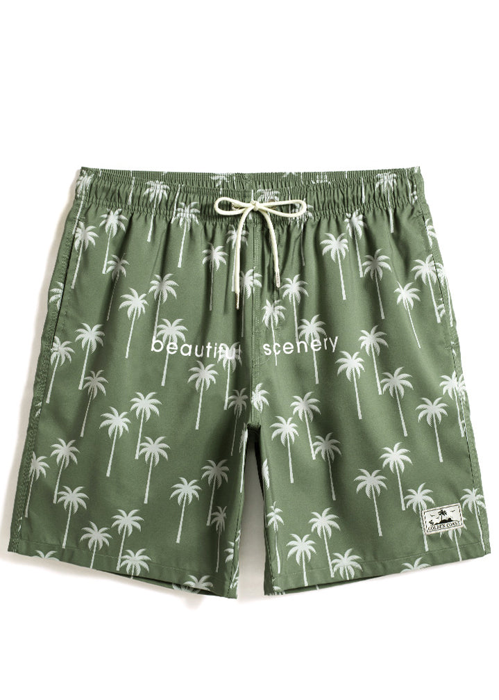 Classy Green Print Pockets Elastic Waist Cotton Shorts Summer
