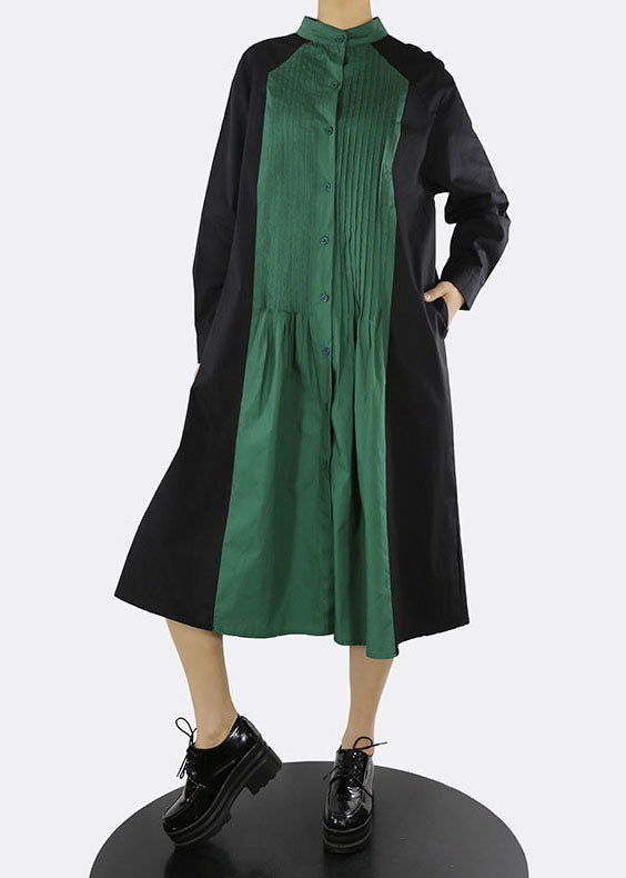 Classy Green Stand Collar Button Patchwork Shirt Dresses Spring