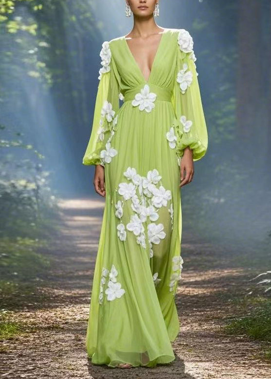 Classy Green V Neck Decorated Chiffon Maxi Dress Spring