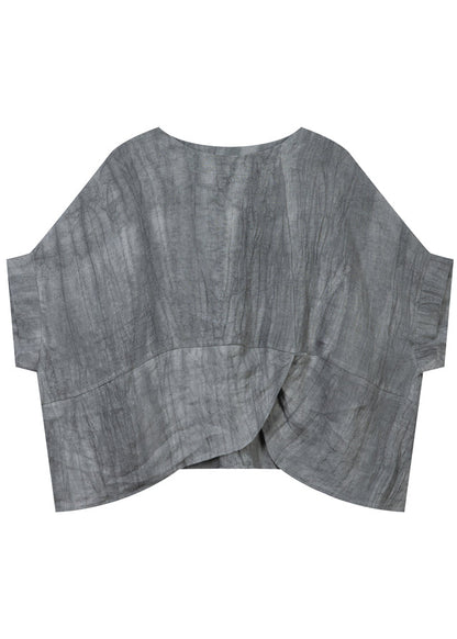 Classy Grey Asymmetrical Wrinkled Linen Two Piece Set Short Sleeve