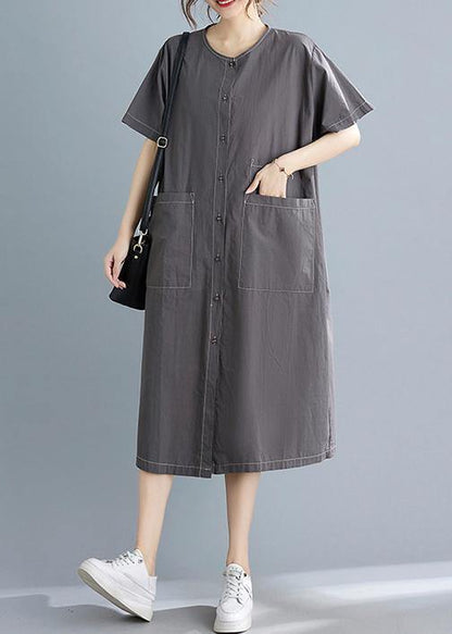 Classy Grey Button Cotton O-neck Summer Maxi Dresses
