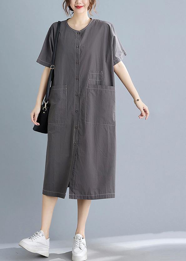 Classy Grey Button Cotton O-neck Summer Maxi Dresses