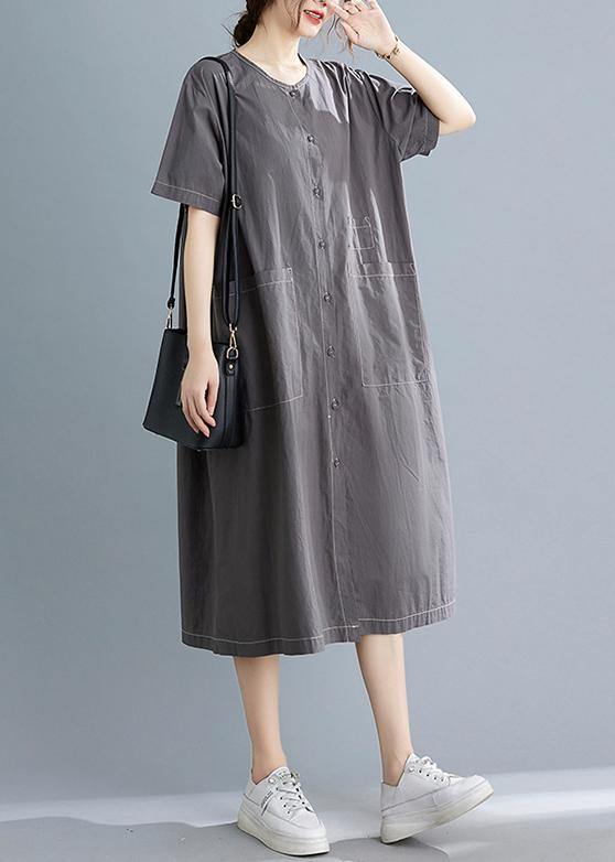 Classy Grey Button Cotton O-neck Summer Maxi Dresses