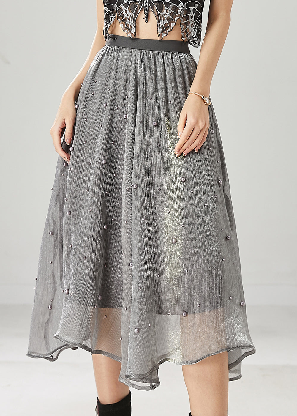 Classy Grey Nail Bead Tulle a Line Skirt Spring