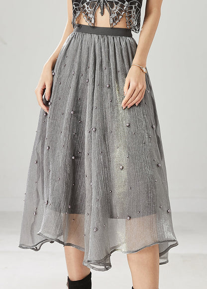 Classy Grey Nail Bead Tulle a Line Skirt Spring