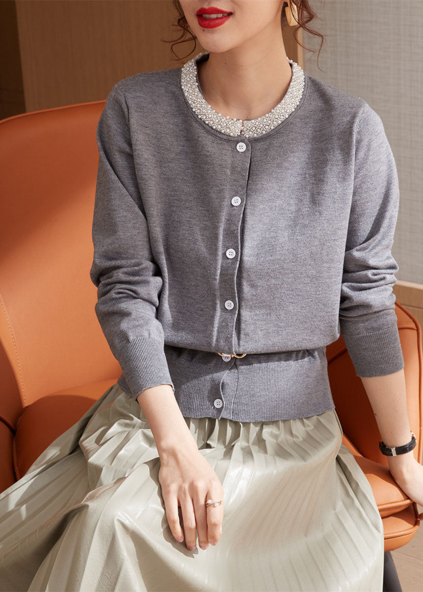 Classy Grey O-neck Nail Bead Wool Knit Cardigans Spring