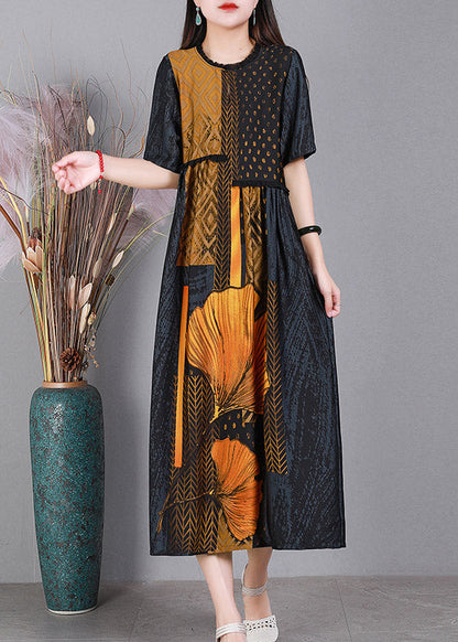 Classy Grey O-neck Print Silk Party Dress Short Sleeve
