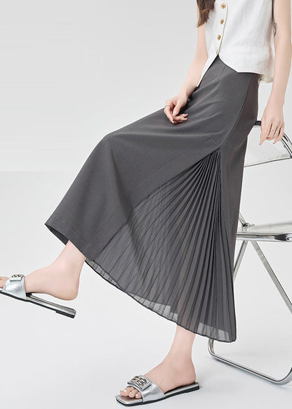 Classy Grey Patchwork Wrinkled Chiffon a Line Skirt Spring