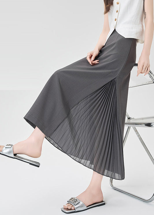 Classy Grey Patchwork Wrinkled Chiffon a Line Skirt Spring