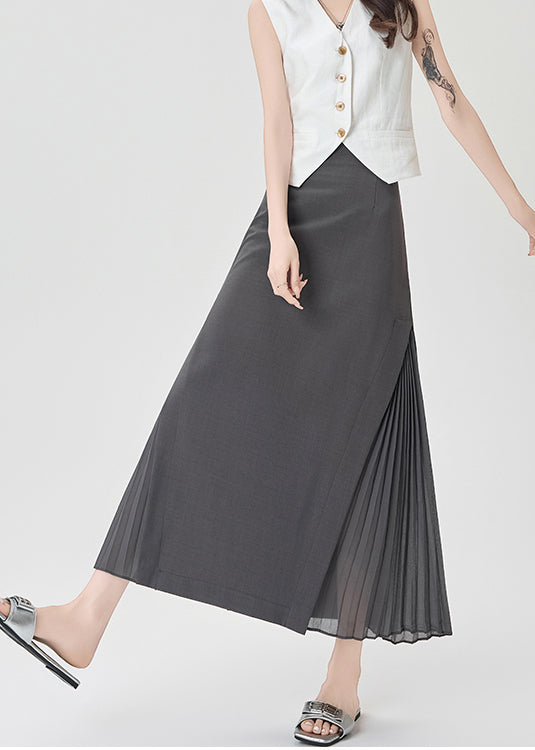 Classy Grey Patchwork Wrinkled Chiffon a Line Skirt Spring