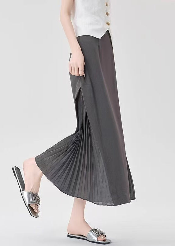 Classy Grey Patchwork Wrinkled Chiffon a Line Skirt Spring