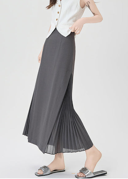 Classy Grey Patchwork Wrinkled Chiffon a Line Skirt Spring