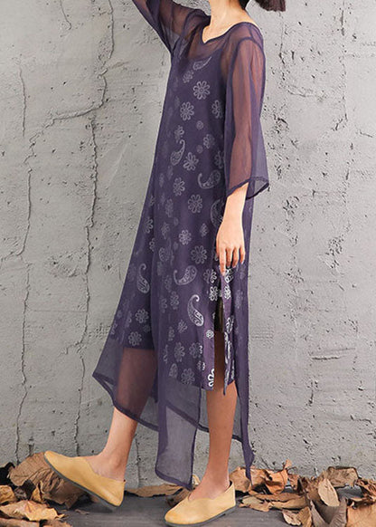 Classy Grey Print Cotton Two Pieces Set Three Quarter Sleeve
