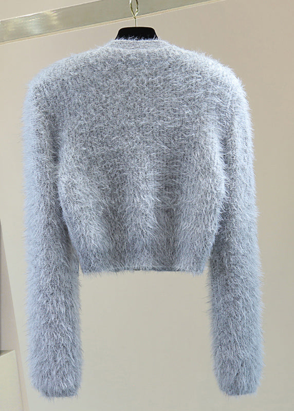 Classy Grey V Neck Bow Ma Hai Mao Cotton Knit Sweaters Winter