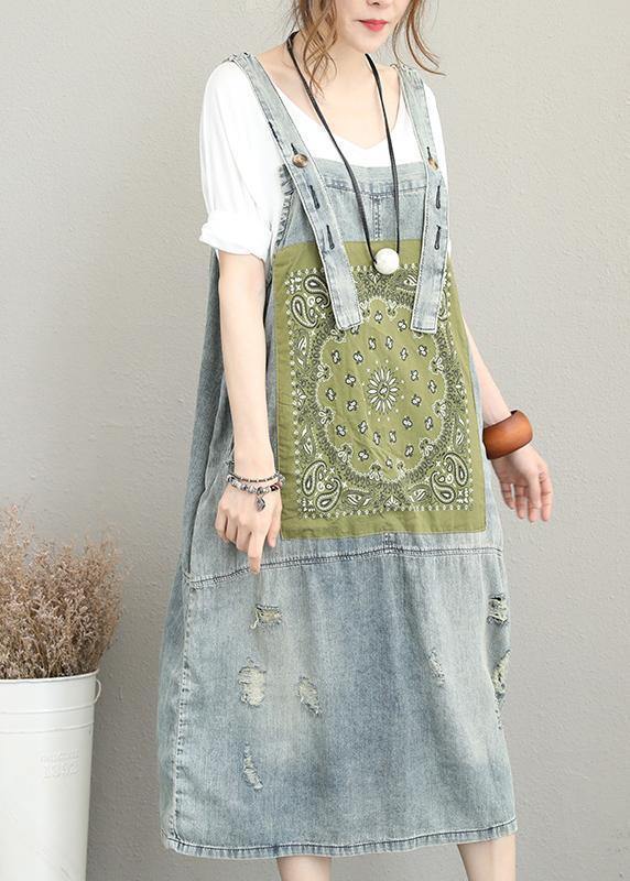 Classy Hole Spaghetti Strap Cotton Tunic Pattern Catwalk Denim Dress