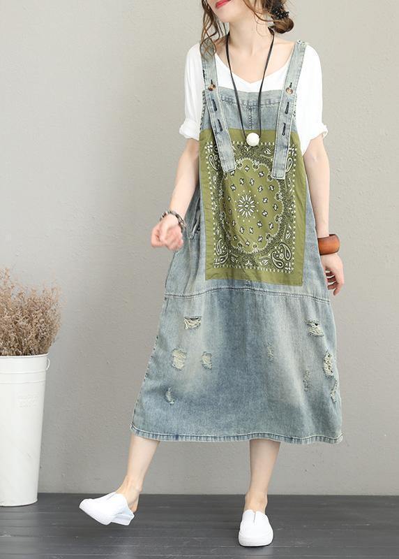 Classy Hole Spaghetti Strap Cotton Tunic Pattern Catwalk Denim Dress