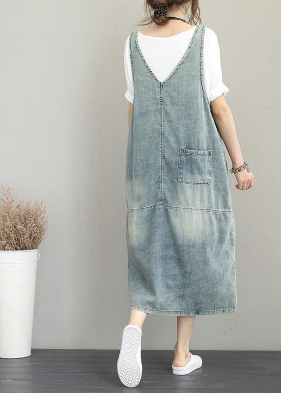 Classy Hole Spaghetti Strap Cotton Tunic Pattern Catwalk Denim Dress