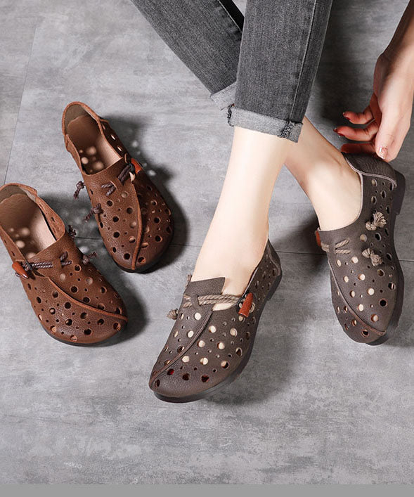 Classy Hollow Out Cowhide Leather Flat Shoes for Buckle Strap Flats