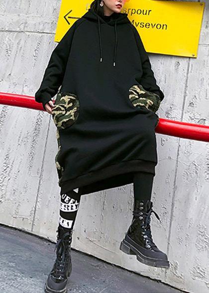 Classy Hooded Pockets Spring Clothes for Neckline Black Robe Dresses