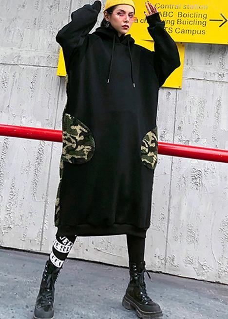 Classy Hooded Pockets Spring Clothes for Neckline Black Robe Dresses