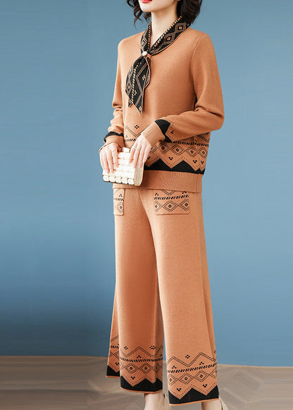 Classy Khaki Bow Woolen Two Piece Set Clothing Spring