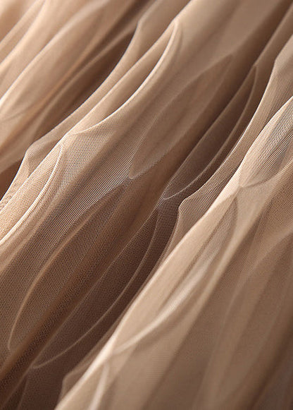 Classy Khaki Elastic Waist Wrinkled Tulle a Line Skirts Spring