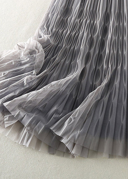 Classy Khaki Elastic Waist Wrinkled Tulle a Line Skirts Spring