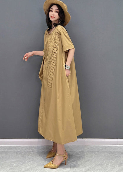 Classy Khaki O-neck Asymmetrical Wrinkled Pockets Long Dresses Short Sleeve