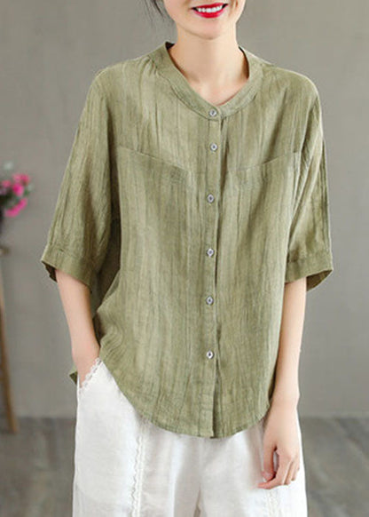 Classy Khaki O-neck Button Color Wrinkled Linen Shirt Top Half Sleeve