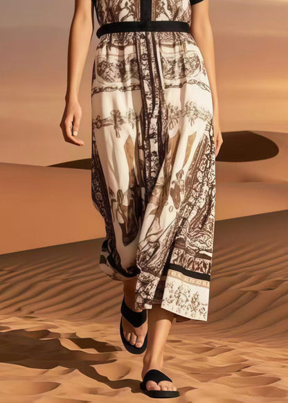 Classy Khaki O-neck Print Cotton Maxi Dress Summer