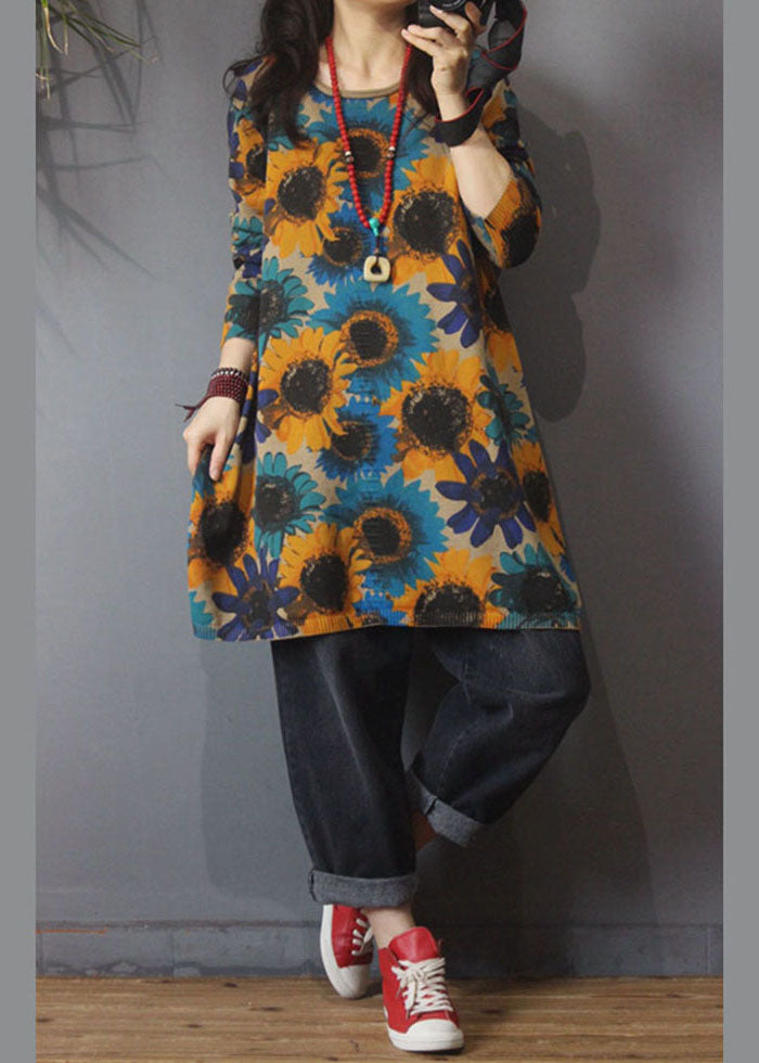 Classy Khaki O-neck Print Side Open Fall Knit Knit Long Sweater