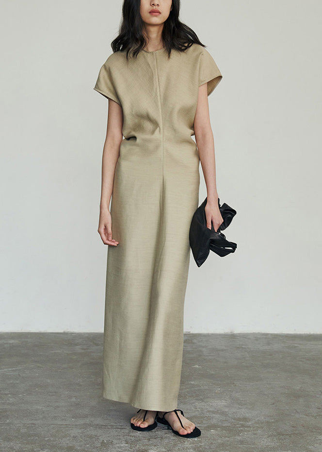 Classy Khaki O Neck Slim Fit Cotton Long Dresses Summer
