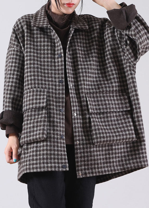 Classy Khaki Peterpan Collar Plaid Warm Fleece Winter Coat
