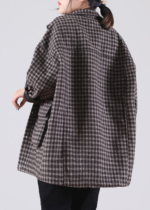 Classy Khaki Peterpan Collar Plaid Warm Fleece Winter Coat