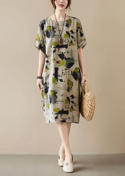 Classy Khaki Print O-neck Pockets Summer Maxi Dresses Half Sleeve