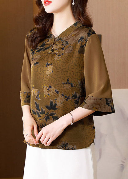 Classy Khaki Stand Collar Print Patchwork Silk Top Half Sleeve