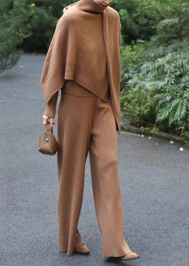 Classy Khaki Sweaters and Pants Knit Two Pieces Set Spring