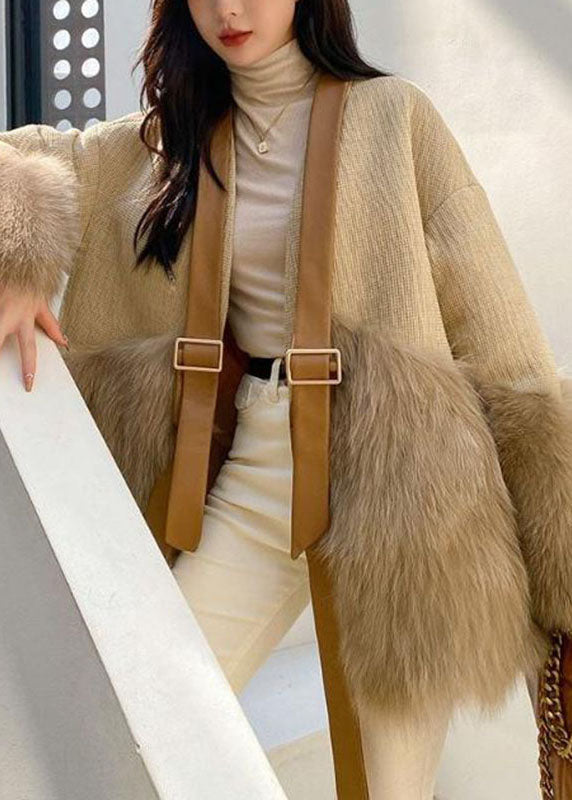 Classy Khaki V Neck Fuzzy Fur Fluffy Patchwork Leather and Fur Coat Long Sleeve
