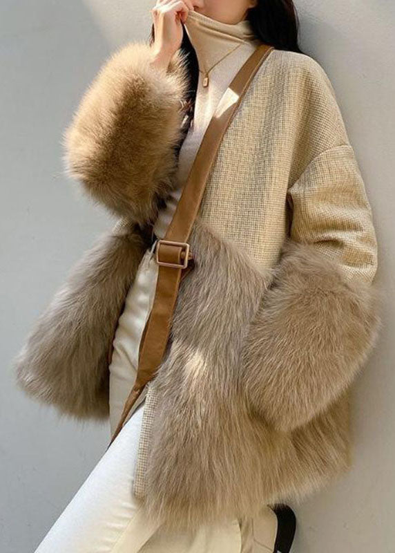 Classy Khaki V Neck Fuzzy Fur Fluffy Patchwork Leather and Fur Coat Long Sleeve