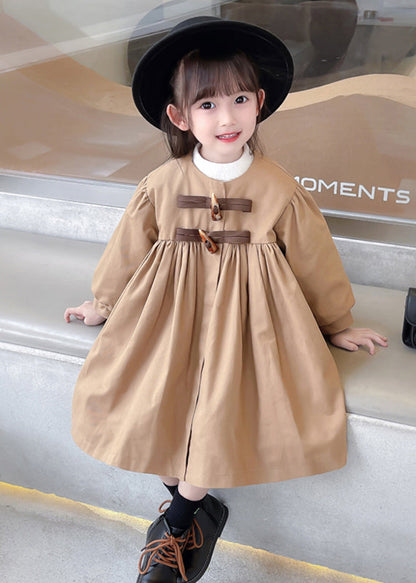 Classy Khaki Wrinkled Button Bow Patchwork Cotton Baby Trench Fall